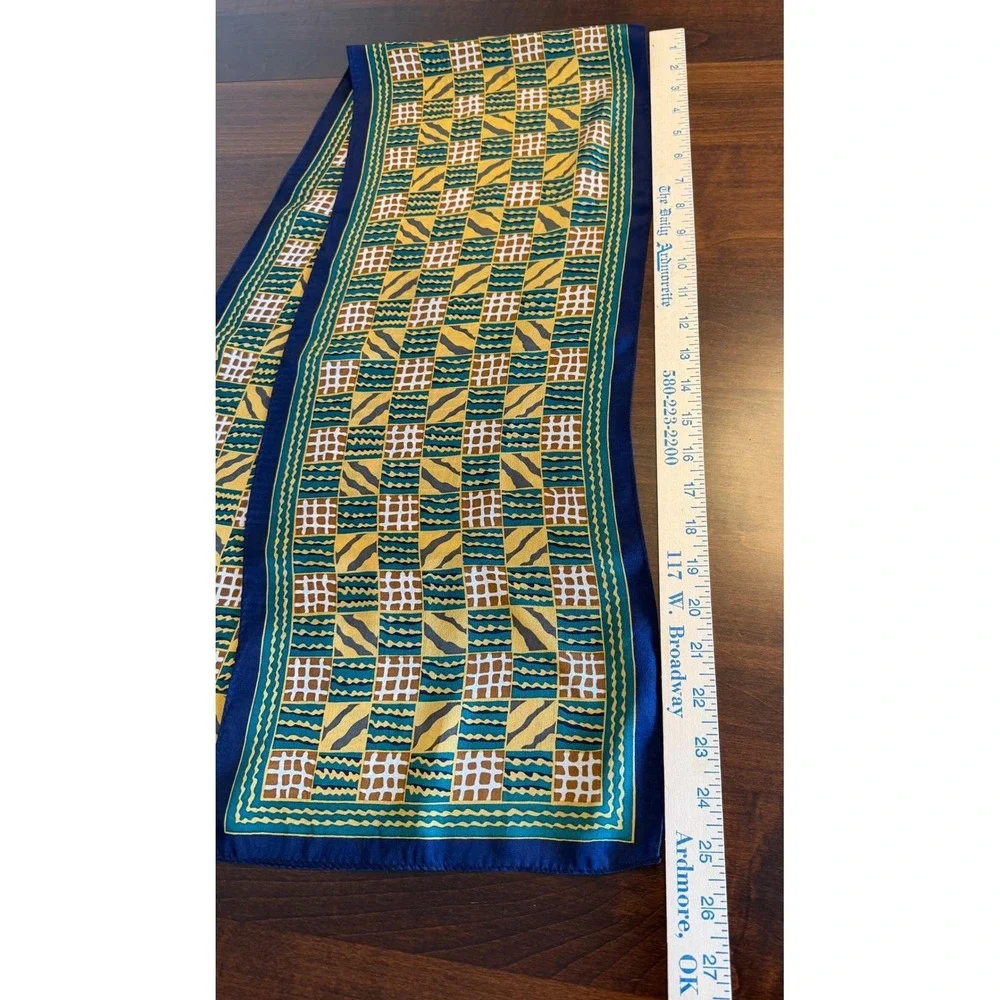 Vintage 80s ACUTE Silk‎ Scarf Navy Gold Geometric Animal Op Art Power Dressing